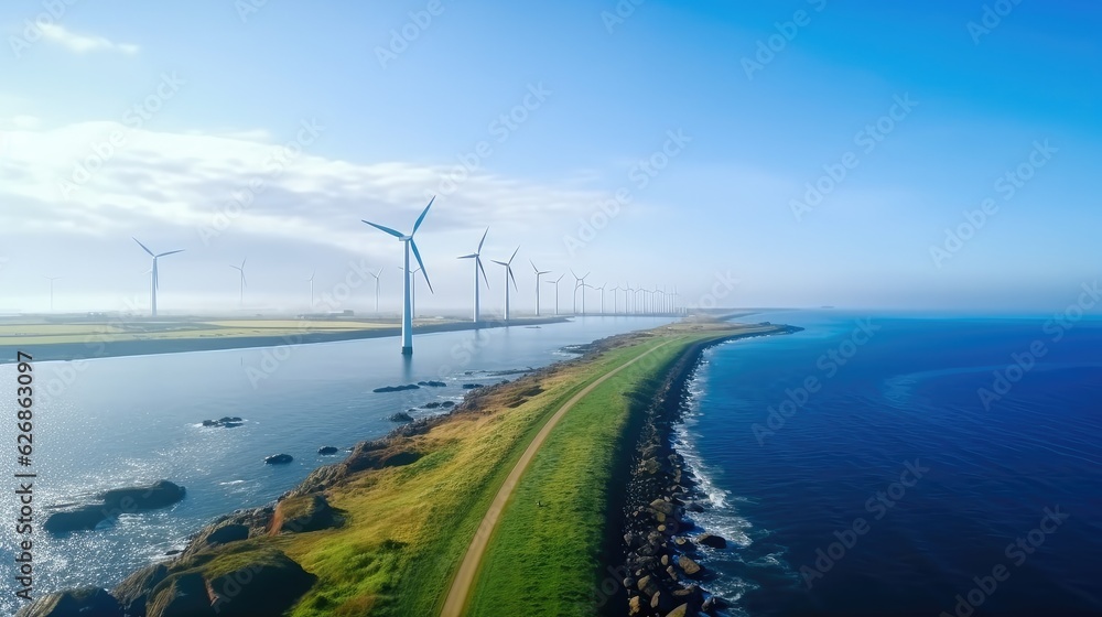 Windmill park in the ocean aerial view with wind turbine, Renewable energy eco.