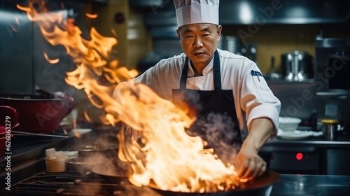 Fotografiet Asian chef cooking in restaurant