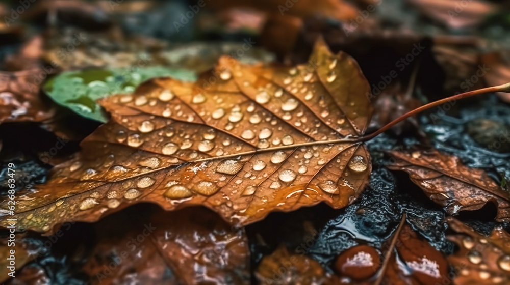 Close-up, autumn leaf in raindrops, generative AI. Close-up, autumn leaf in raindrops, generative AI.
