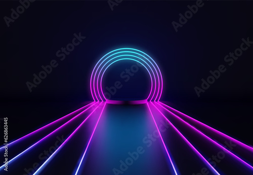 Neon gradient interior with podium and glowing arch.