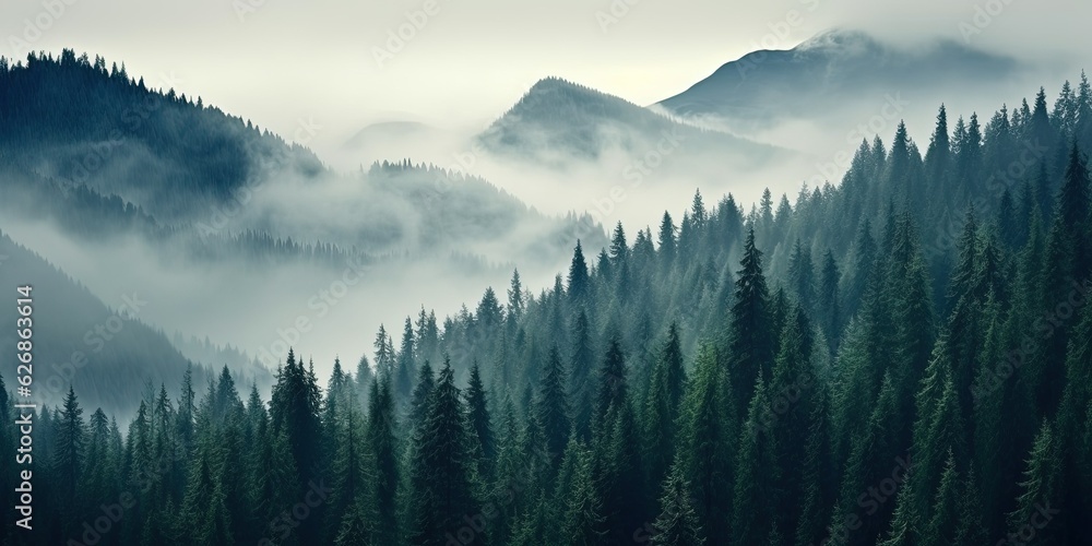 Generative AI, Misty fir forest beautiful landscape in hipster vintage retro style, foggy mountains and trees.