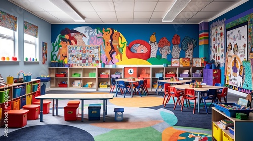 Bright vibrant classroom with inspirational posters  educational materials on the walls  Back to school concept  Generative ai