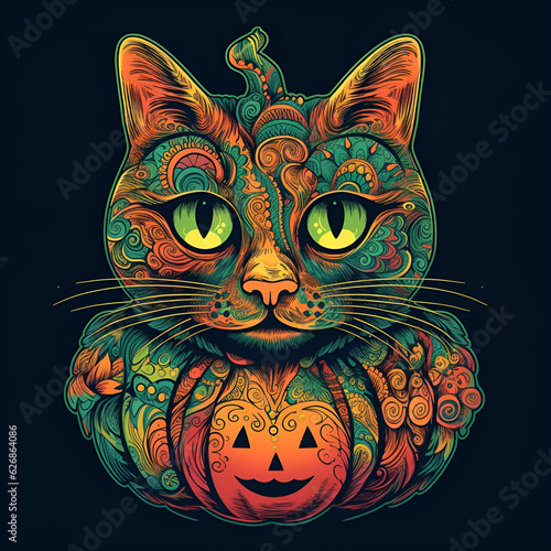 Abstract Halloween illustration cat and pumpkin on black background. AI generated content.