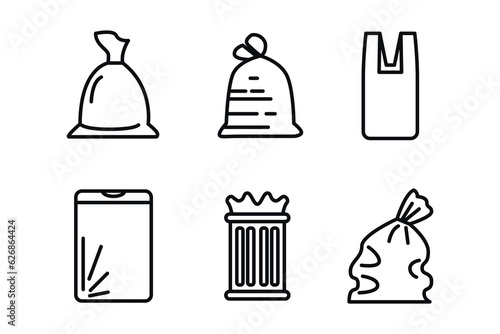 Bag for trash icons set outline vector. Food garbage. Dirty dustbin