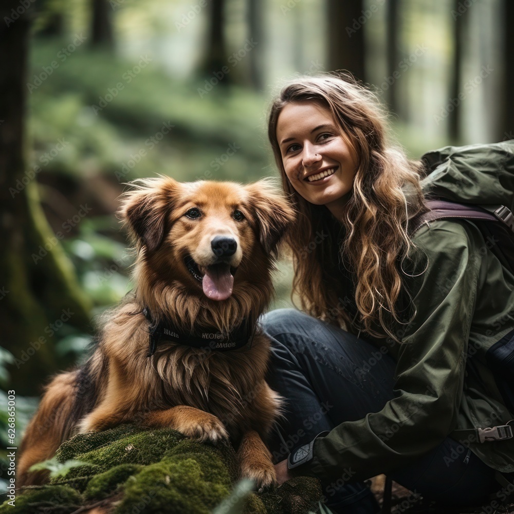 Portrait of a young woman with her dog outside in the forest.