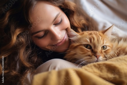 Portrait of a young woman with a cute cat with green eyes. Background, copy space, closeup.