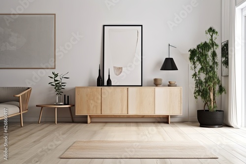 Interior with a contemporary sideboard for the living room, a white wall, a rug on the parquet floor, and minimalist accents. a mockup a modern, trendy design idea. Generative AI