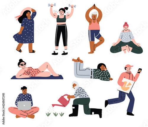 Hand drawn different diverse people doing everyday tasks, isolated vector illustration in flat design