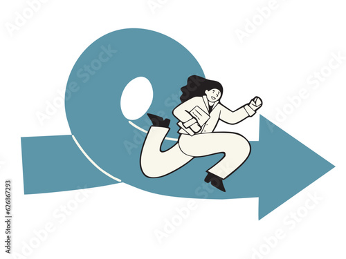 Hand drawn doodle designed running woman with notepad in outline style with agile arrow, concept of performance at work, isolated vector illustration