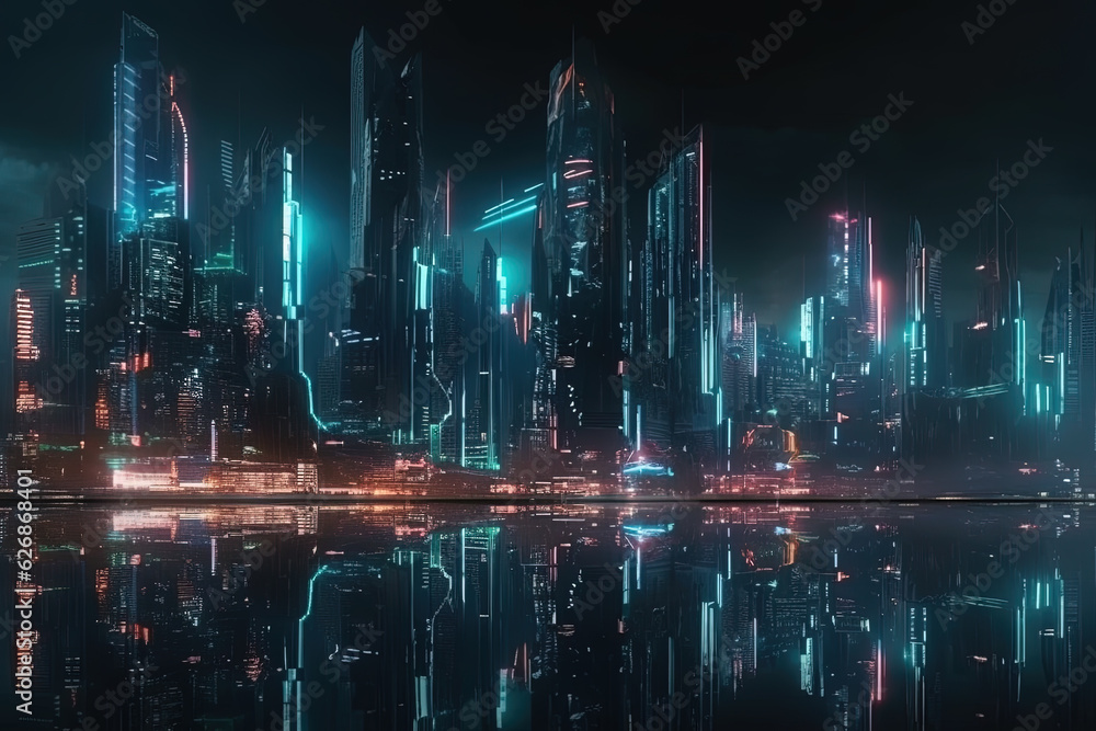 Modern cyberpunk night city landscape with illuminated futuristic buildings of metropolis with light reflection on water surface