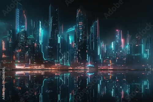 Modern cyberpunk night city landscape with illuminated futuristic buildings of metropolis with light reflection on water surface