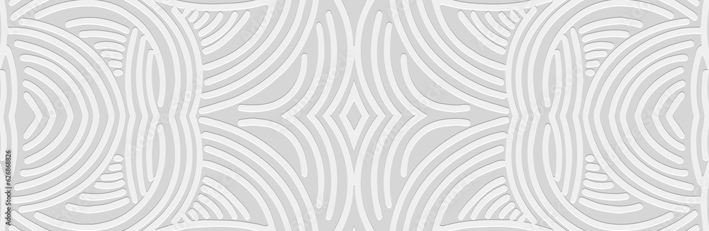 Unique banner, cover design. Embossed 3D boho pattern, handmade. Geometric white background from lines. Tribal color, ethnic actual print of the East, Asia, India, Mexico, Aztec, Peru. Unique banner, cover design. Embossed 3D boho pattern, handmade. Geometric white background from lines. Tribal color, ethnic actual print of the East, Asia, India, Mexico, Aztec, Peru.