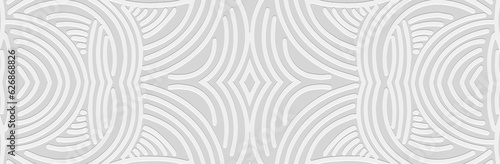 Unique banner, cover design. Embossed 3D boho pattern, handmade. Geometric white background from lines. Tribal color, ethnic actual print of the East, Asia, India, Mexico, Aztec, Peru.