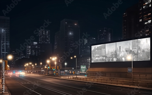 Billboard with blank mock up on the street of the night city  generated AI