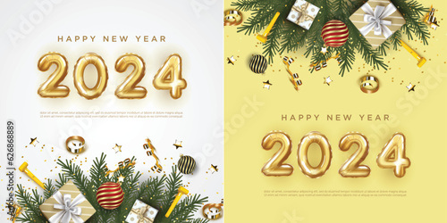 Happy New Year 2024. festive realistic decoration. Set of celebrate party 2024 on square background