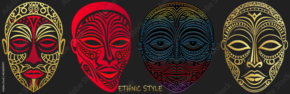 Set of exotic tribal masks, faces, outline, silhouette isolated on black background. Creative templates. Ethnic heritage of East, Asia, India, Mexico, Aztec, Africa, Peru in line art style. Set of exotic tribal masks, faces, outline, silhouette isolated on black background. Creative templates. Ethnic heritage of East, Asia, India, Mexico, Aztec, Africa, Peru in line art style.