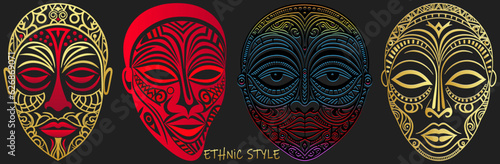 Set of exotic tribal masks, faces, outline, silhouette isolated on black background. Creative templates. Ethnic heritage of East, Asia, India, Mexico, Aztec, Africa, Peru in line art style.