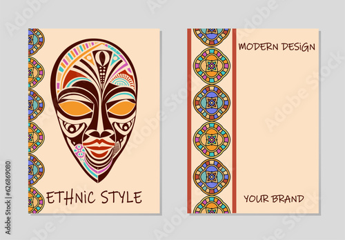 Cover set, vertical templates. Collection of geometric backgrounds with ethnic tribal relief pattern of abstract face, mask, ornaments in line art style. East, Asia, India, Mexico, Aztec, Africa, Peru