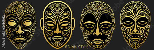 Set of golden tribal masks, faces, outline, silhouette isolated on black background. Unique templates. Ethnic heritage of East, Asia, India, Mexico, Aztec, Africa, Peru in line art style. photo