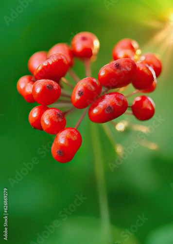 Korean wild root ginseng with berries. A close up of the most famous medicinal plant ginseng (Panax ginseng).	