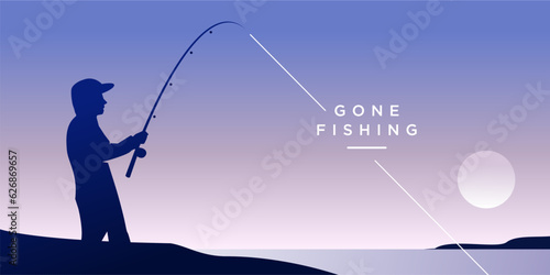 gone fishing illustration. fisherman catching fish on shore of  lake with beautiful sky. Flat vector illustration. man holding fishing rod. Fishing, nature, solitude, hobby, vacation concept