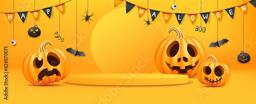 Podium or scene and orange cartoon character, holiday halloween pumpkins, with joyful smiling emotions, jack o lanterns for party.