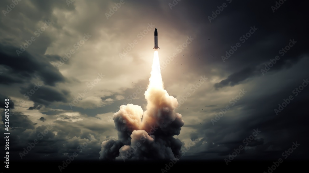 Missile strike rocket in the air with fire. War attack and defense and concept. Weapon technology.  - obrazy, fototapety, plakaty 