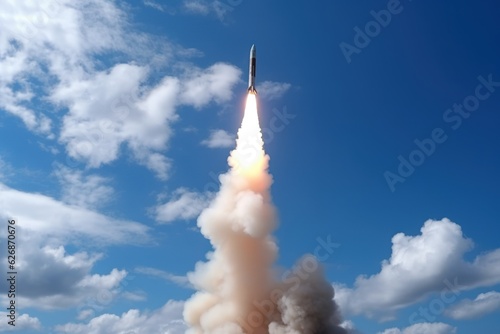 Missile strike rocket in the air with fire. War attack and defense and concept. Weapon technology. 