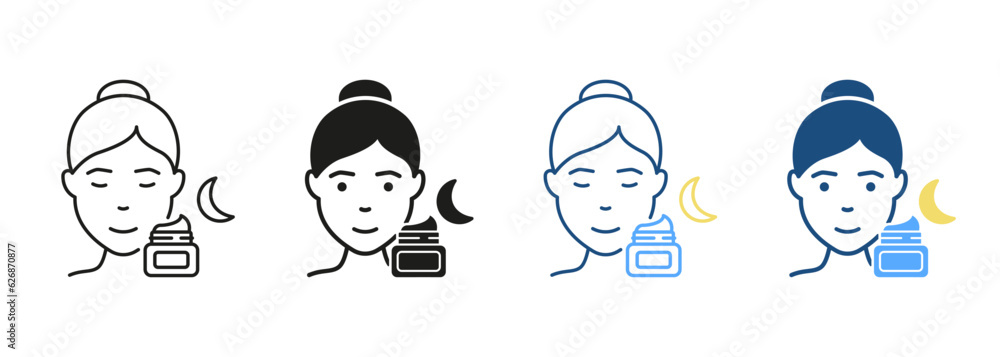 Moisturizing Night Cream for Skin Line and Silhouette Black Icon Set. Woman Uses Cream, Gel, Foam, Mousse or Soap Pictogram. Skincare Symbol Collection. Isolated Vector Illustration Moisturizing Night Cream for Skin Line and Silhouette Black Icon Set. Woman Uses Cream, Gel, Foam, Mousse or Soap Pictogram. Skincare Symbol Collection. Isolated Vector Illustration