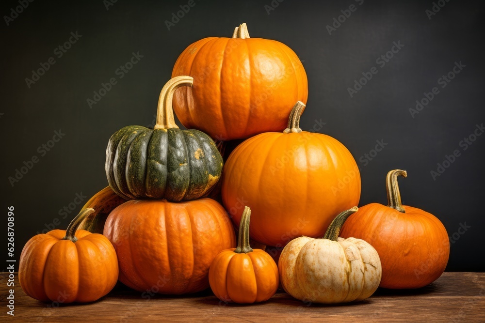 Stack of rustic pumpkins in different sizes. Beautiful illustration picture. Generative AI Stack of rustic pumpkins in different sizes. Beautiful illustration picture. Generative AI