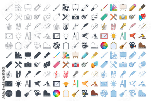 Art icon mega set, Design and drawing symbols collection, logo illustrations, art and entertainment signs pictograms package isolated vector illustration
