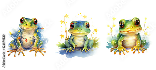 merry cute frog in christmas lights watercolor ai generated