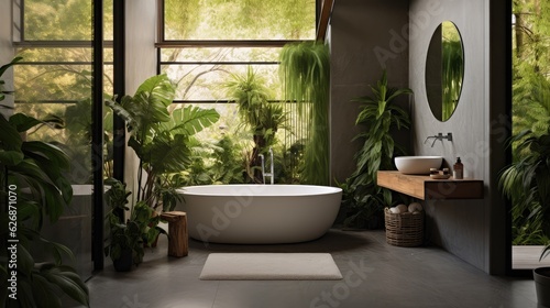 Bright bathroom with subway tile and a variety of dark green plants of deep forest style  Generative AI