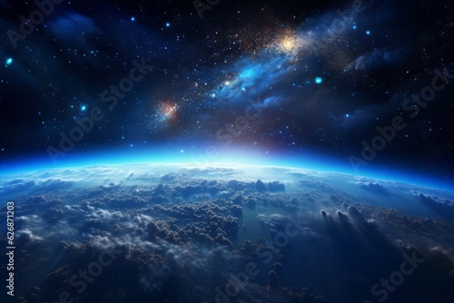 View of the Earth from the starry sky. Beautiful illustration picture. Generative AI