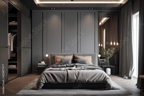 Interior of a luxurious gray bedroom with a king sized bed and a closet in the distance. a mockup. Generative AI © Vusal