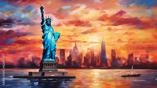 The Statue of Liberty, impressionistic style, vibrant pastel colors, a dreamy sunset backdrop, reflective water surface, symbol of hope and freedom, panoramic view