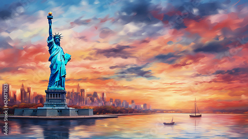 The Statue of Liberty, impressionistic style, vibrant pastel colors, a dreamy sunset backdrop, reflective water surface, symbol of hope and freedom, panoramic view
