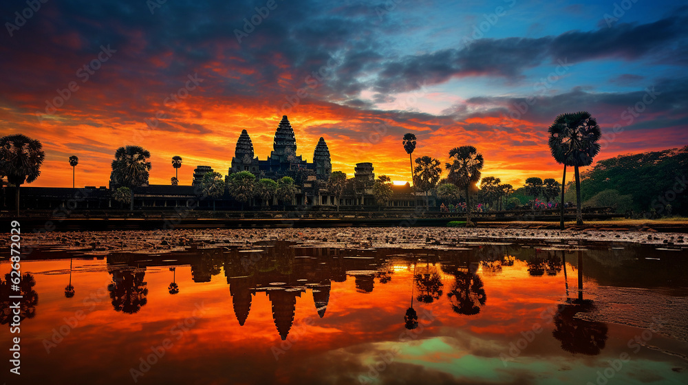 Fototapeta premium Angkor Wat, highly detailed, silhouette during sunrise, vibrant sky, ancient stone carvings