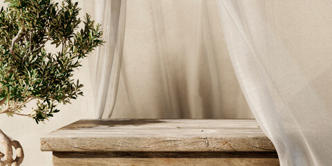 Natural wooden table and organic cloth with olive tree plant. Product placement mockup design background. Outdoor tropical summer scene with rustic vintage countertop display.