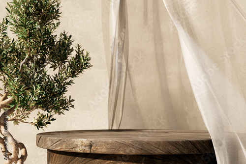 Fototapeta Natural wooden table and organic cloth with olive tree plant