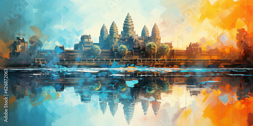 Abstract view of Angkor Wat, Cambodia, through refractions of a crystal prism, distorted and fragmented, surreal colors, dreamlike, mystical, dawn light