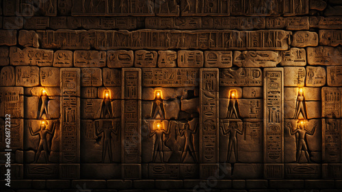 hieroglyphs on the walls of the Karnak Temple in Egypt, glowing under torchlight, contrast against dark shadows, golden hues, textures of ancient stone