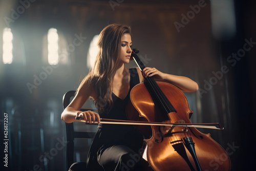 Photo Female cellist practicing in an empty concert hall, her passion visible in her c