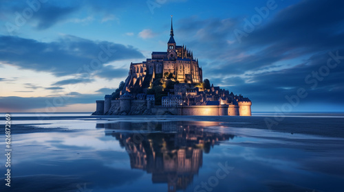Mont Saint - Michel at twilight, high tide, reflected on water, medieval architecture