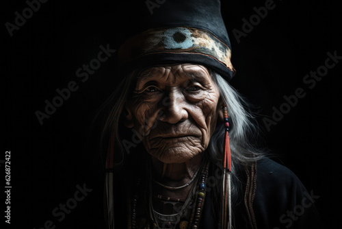 portrait of shaman isolated on black background, generative AI