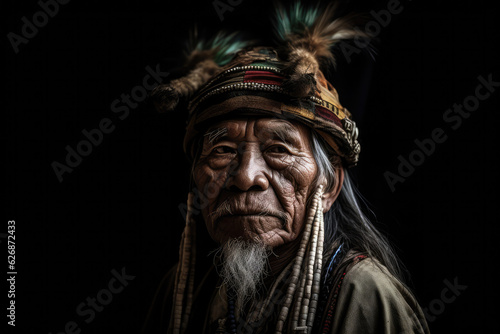 portrait of shaman isolated on black background, generative AI