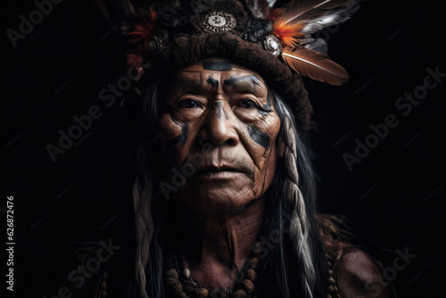 portrait of shaman isolated on black background, generative AI
