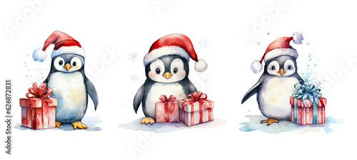 winter cute penguin with christmas gift watercolor ai generated