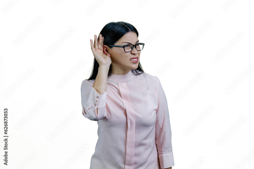 Young asian businesswoman in glasses is overhearing something bad. Isolated on white background. Young asian businesswoman in glasses is overhearing something bad. Isolated on white background.