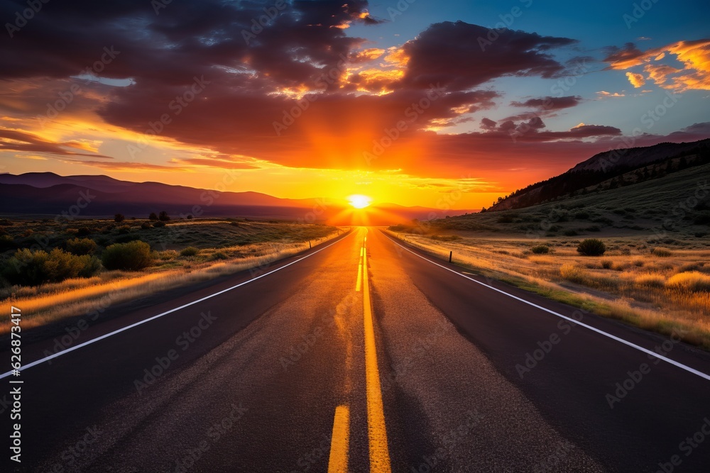 Asphalt road with majestic sunset. Beautiful illustration picture. Generative AI